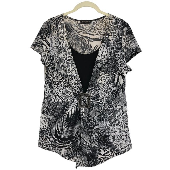 Brittany Black Grey Short Sleeve Abstract Layered Blouse size XL - Picture 1 of 16